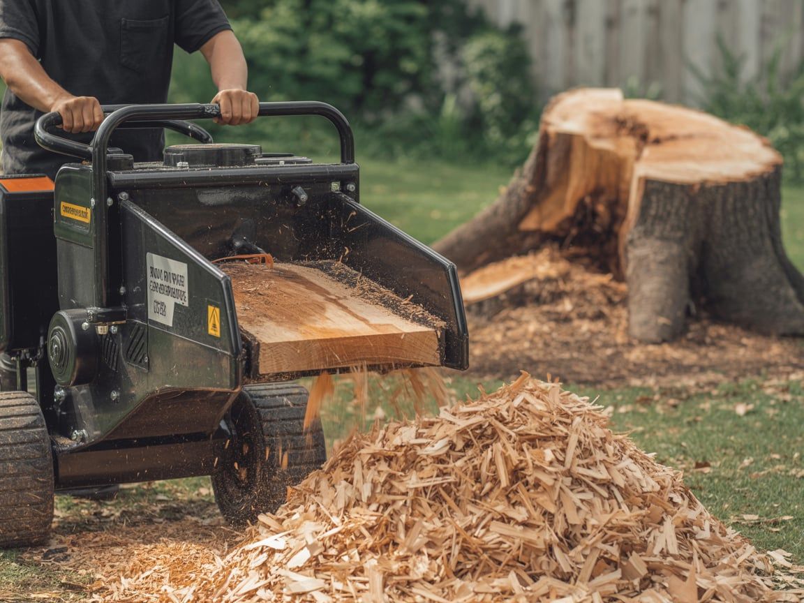 Man using stump grinder, creating wood chips near a tree stump in a yard.