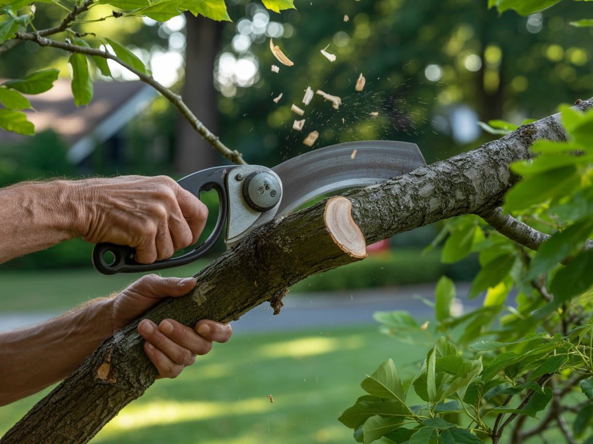 Person using a small chainsaw to cut a tree branch outdoors. Sawdust is flying.