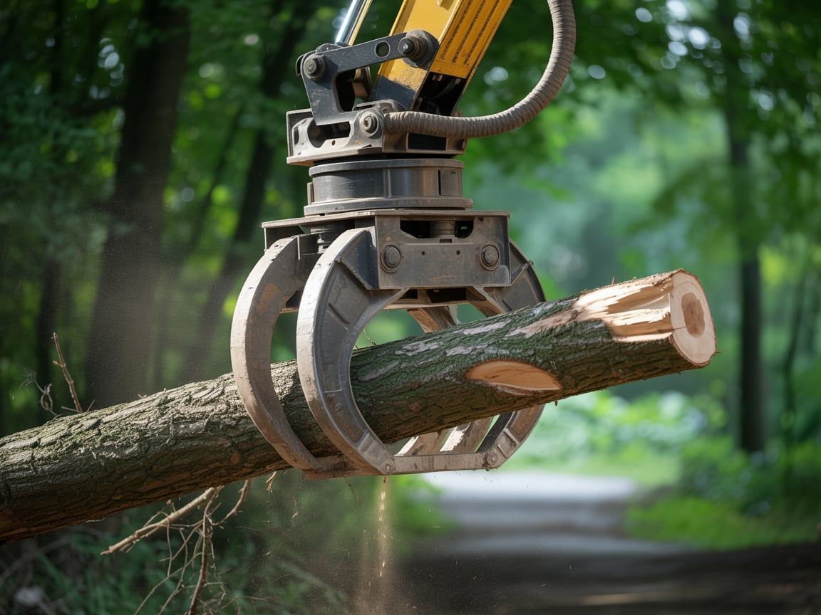 A mechanical claw gripping a freshly cut tree trunk in a forest clearing.