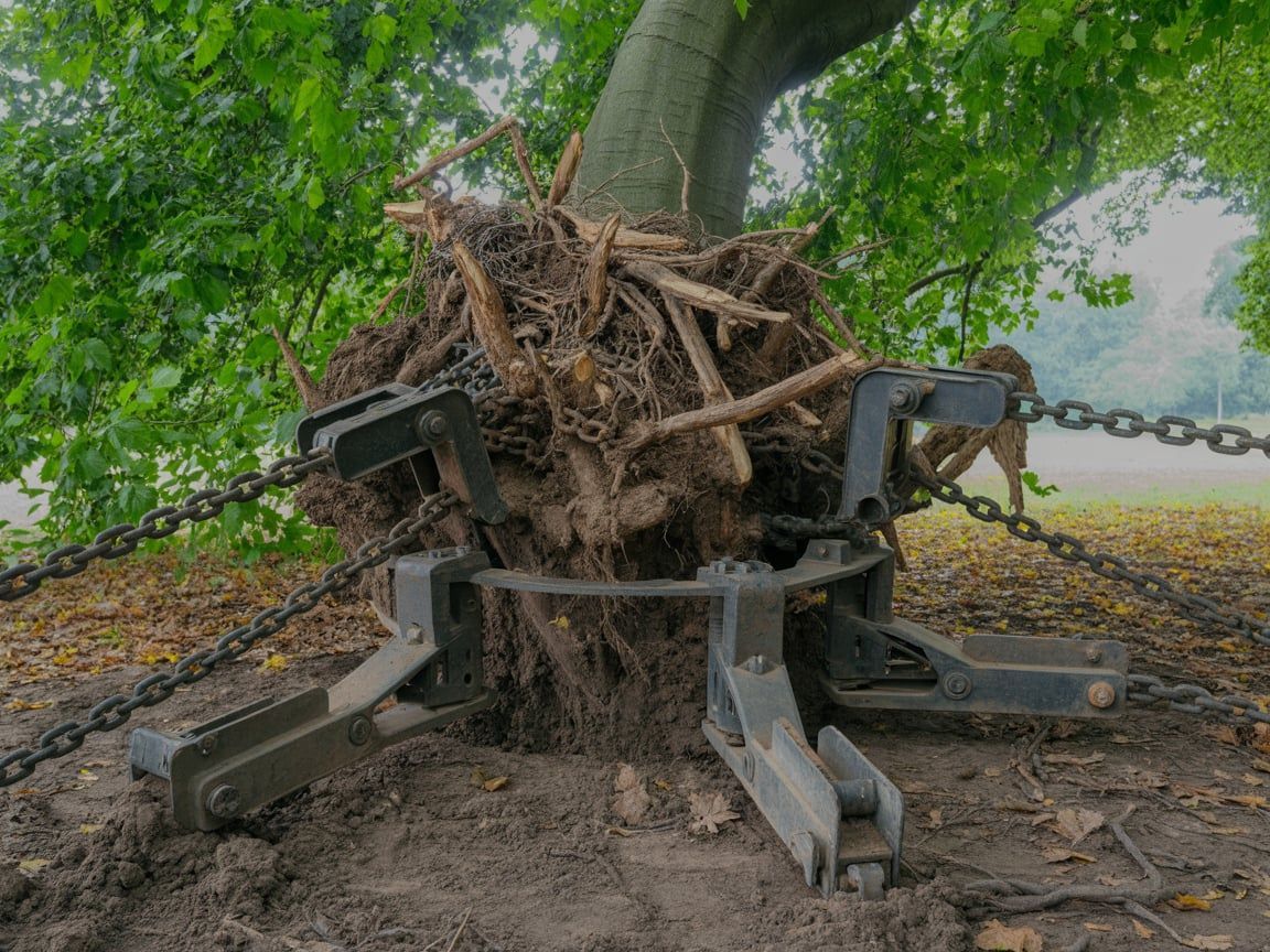 Tree's exposed roots held by a mechanical lifter and chains. Gray metal against dirt. Green leaves in background.
