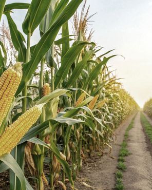 Maisfeld mit hohen grünen Stängeln und reifenden gelben Kolben neben einem Feldweg