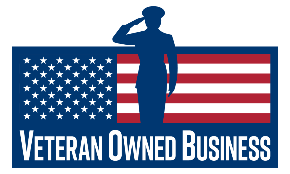 A veteran owned business logo with a soldier saluting in front of an american flag