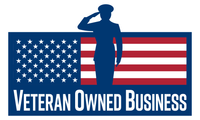 A veteran owned business logo with a soldier saluting in front of an american flag