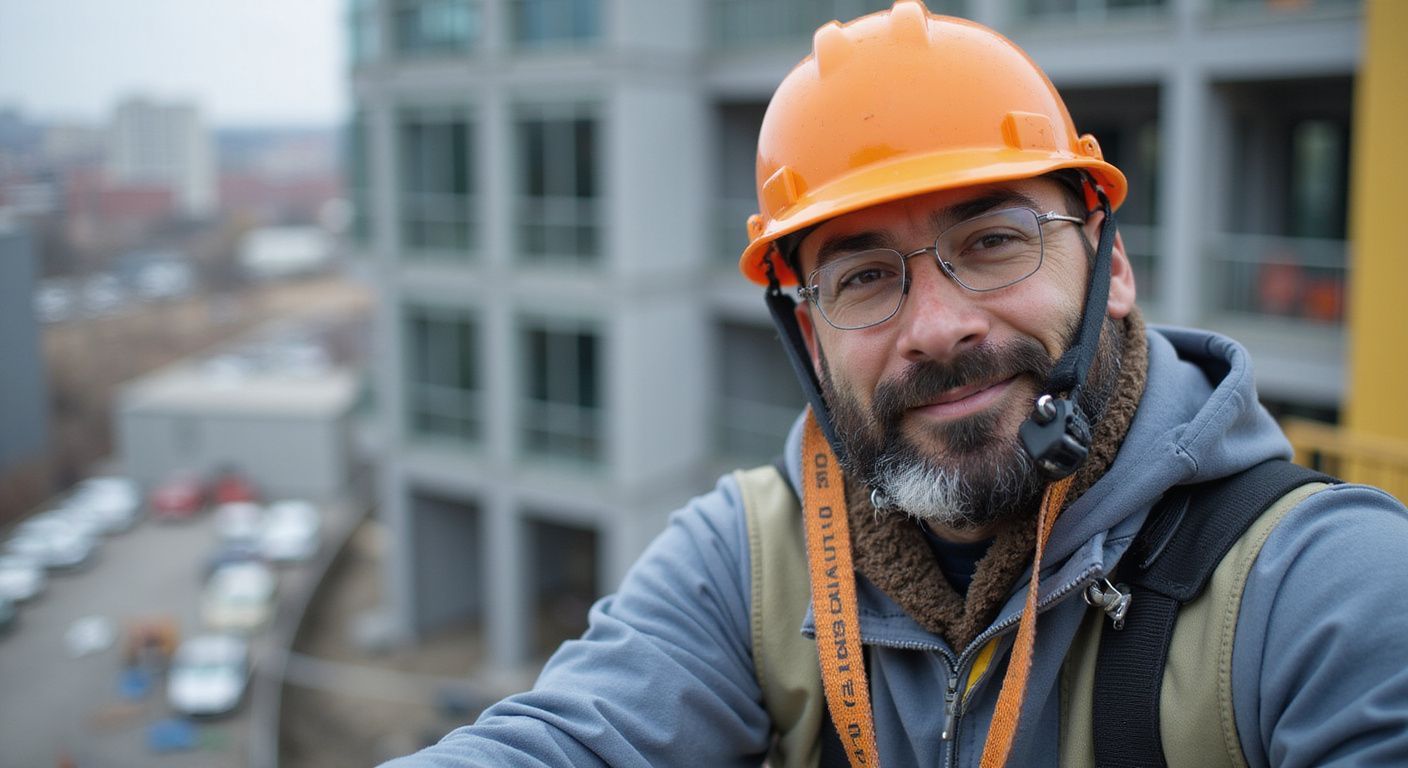 fall protection worker, installer, wearing hardhat and harness