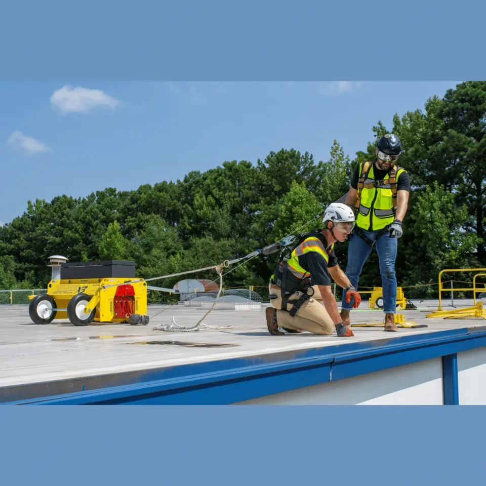 Two construction workers are working on a roof.