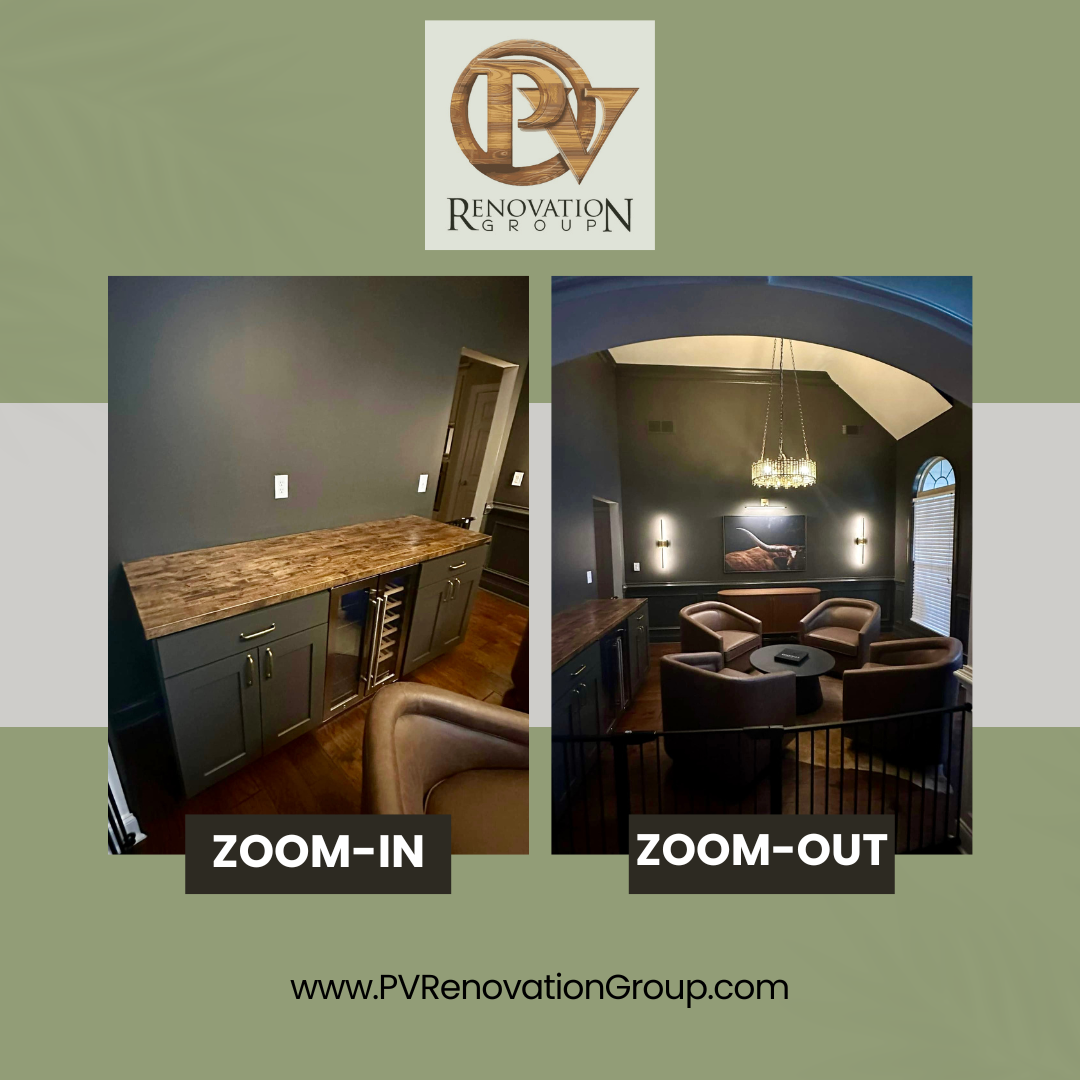 A before and after photo of a room with the words zoom-in and zoom-out