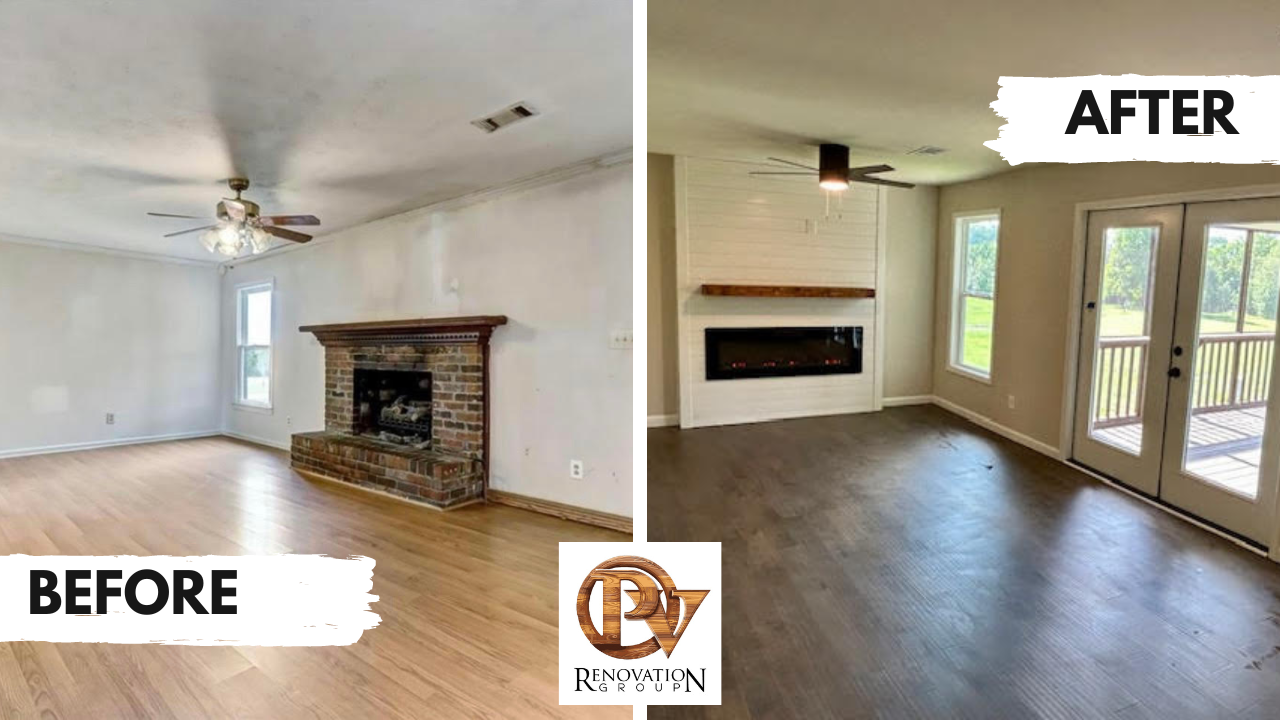 A before and after photo of a living room with a fireplace.