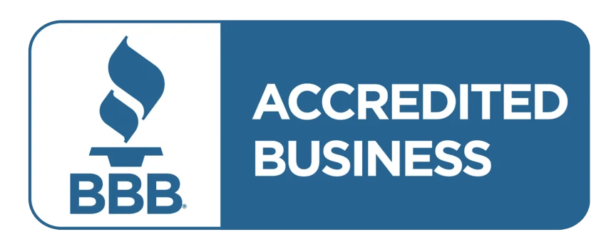 BBB Accredited Business logo, white flame and text on a blue rectangular background.