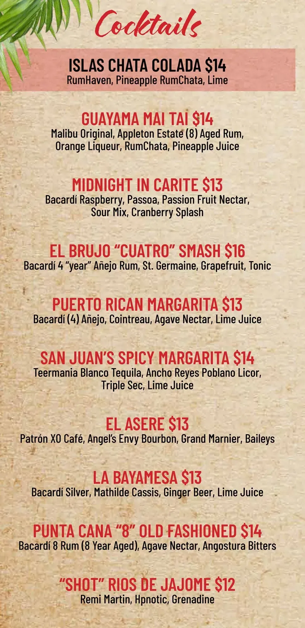 Cocktails menu with red script titles and orange background, listing drink names and prices.