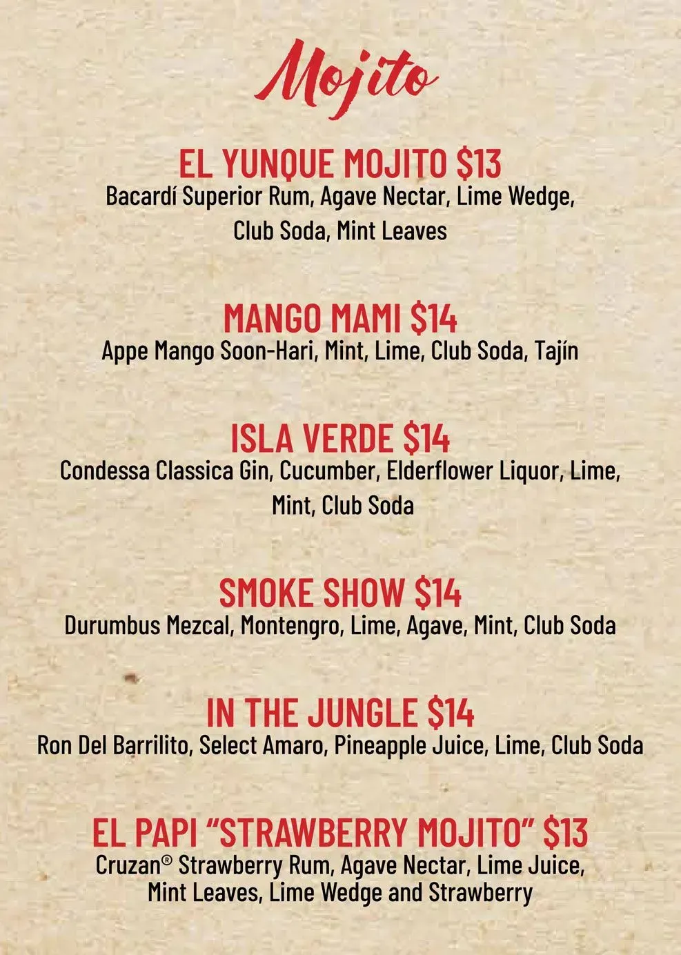 Mojito drink menu with red headings and listed flavors and prices on a beige background