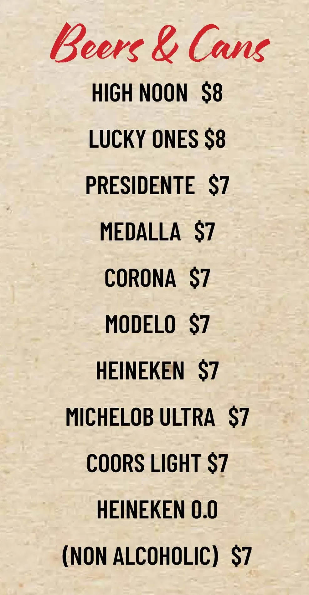 Beers & cans menu listing brands and prices on a light background with red title