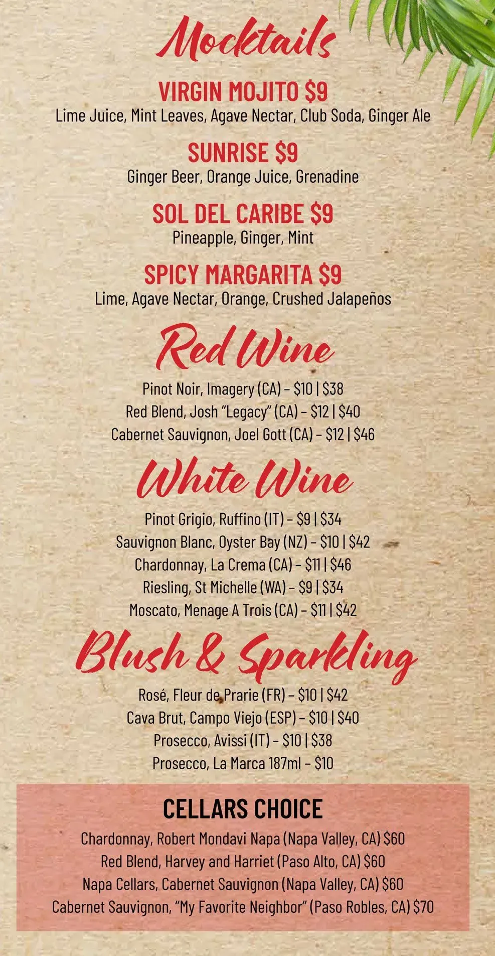 Cocktail menu on tan background with tropical leaves, featuring red and white wine, beer, and sparkling options