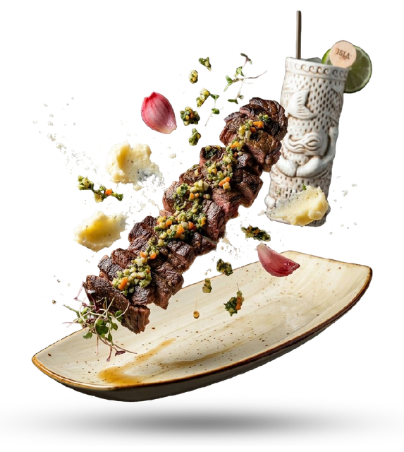 Skewered grilled meat with garnish beside a carved white serving pitcher on a plate
