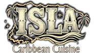 ISLA Caribbean Cuisine logo with bold tan letters and palm trees on a black background