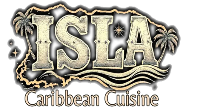 ISLA Caribbean Cuisine logo with bold tan letters and palm trees on a black background