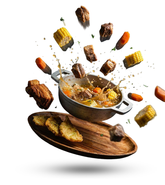 Frying pan with sizzling food and vegetables flying above a wooden board on a white background