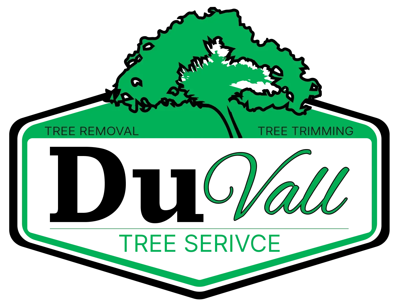 Logo for DuVall Tree Service, featuring a green tree above a hexagon with text