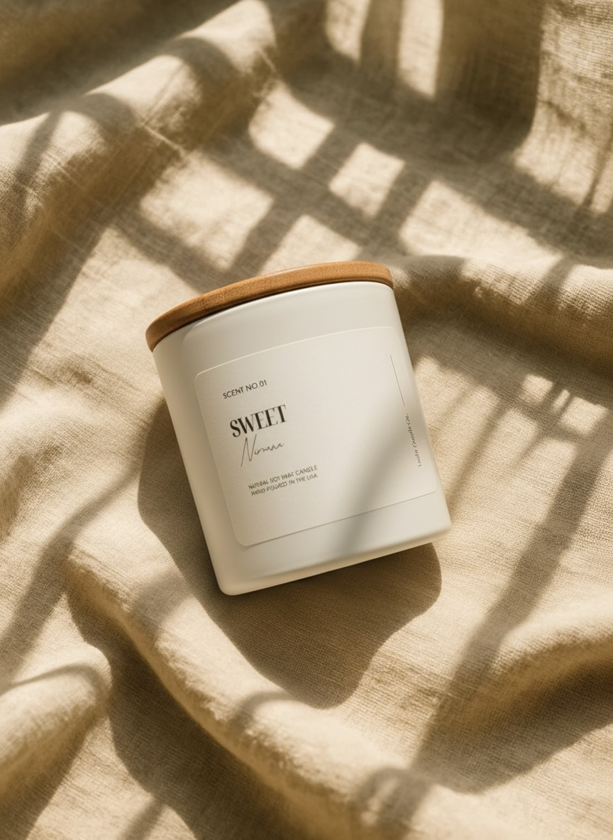 White candle with wooden lid on beige cloth; shadows cast on surface.