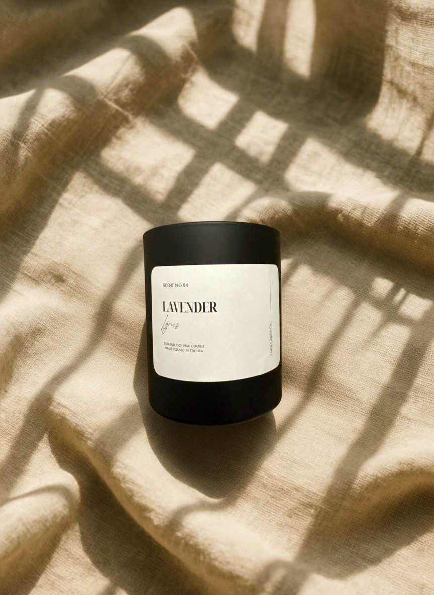 Black candle with a white label that reads 