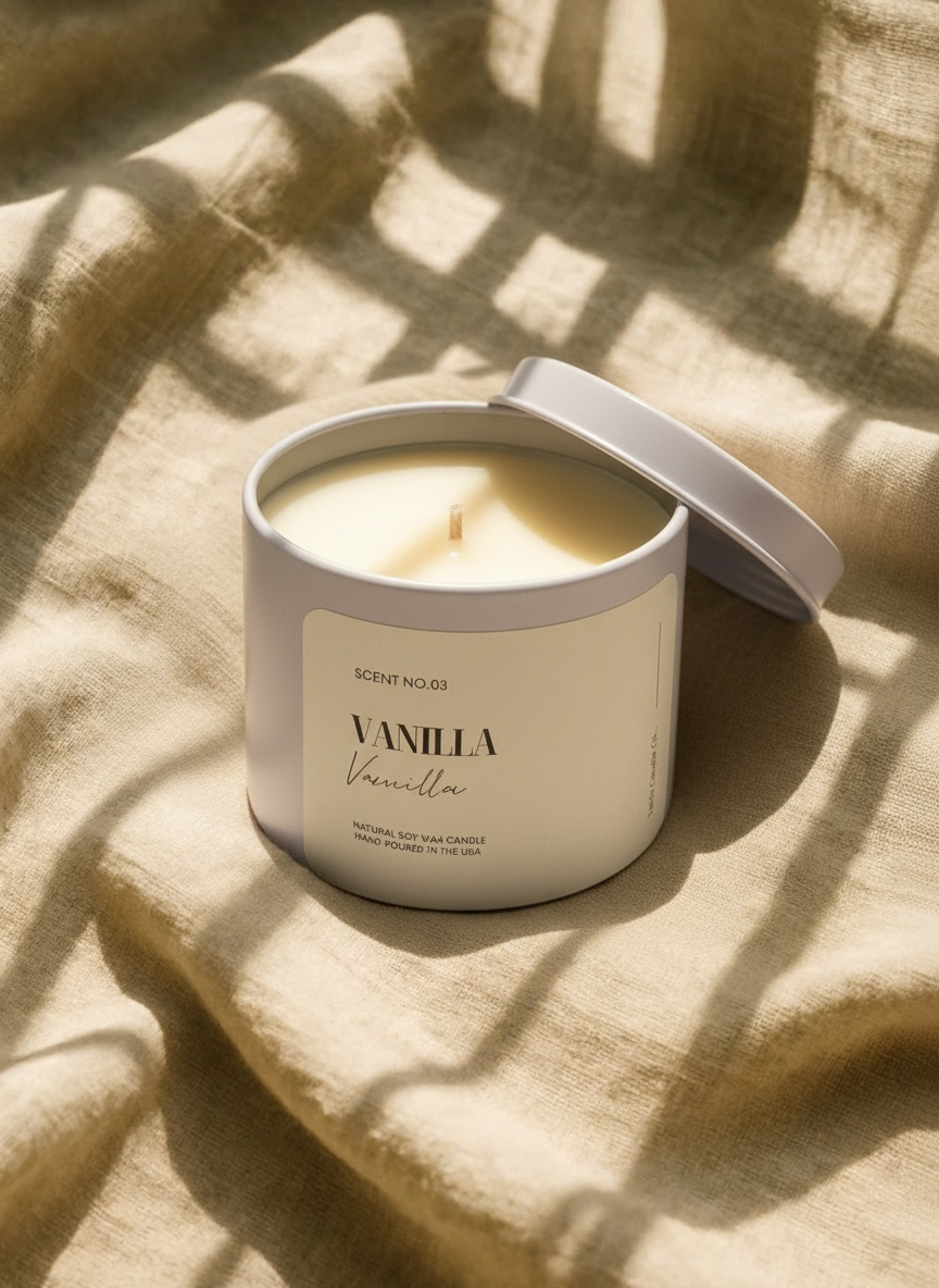 Vanilla scented candle in a tin with lid, set on tan fabric, lit by sunlight.