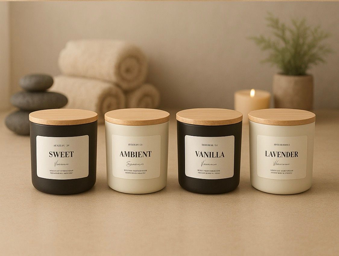 Candles in various jars, wheat stalks on gray surface.