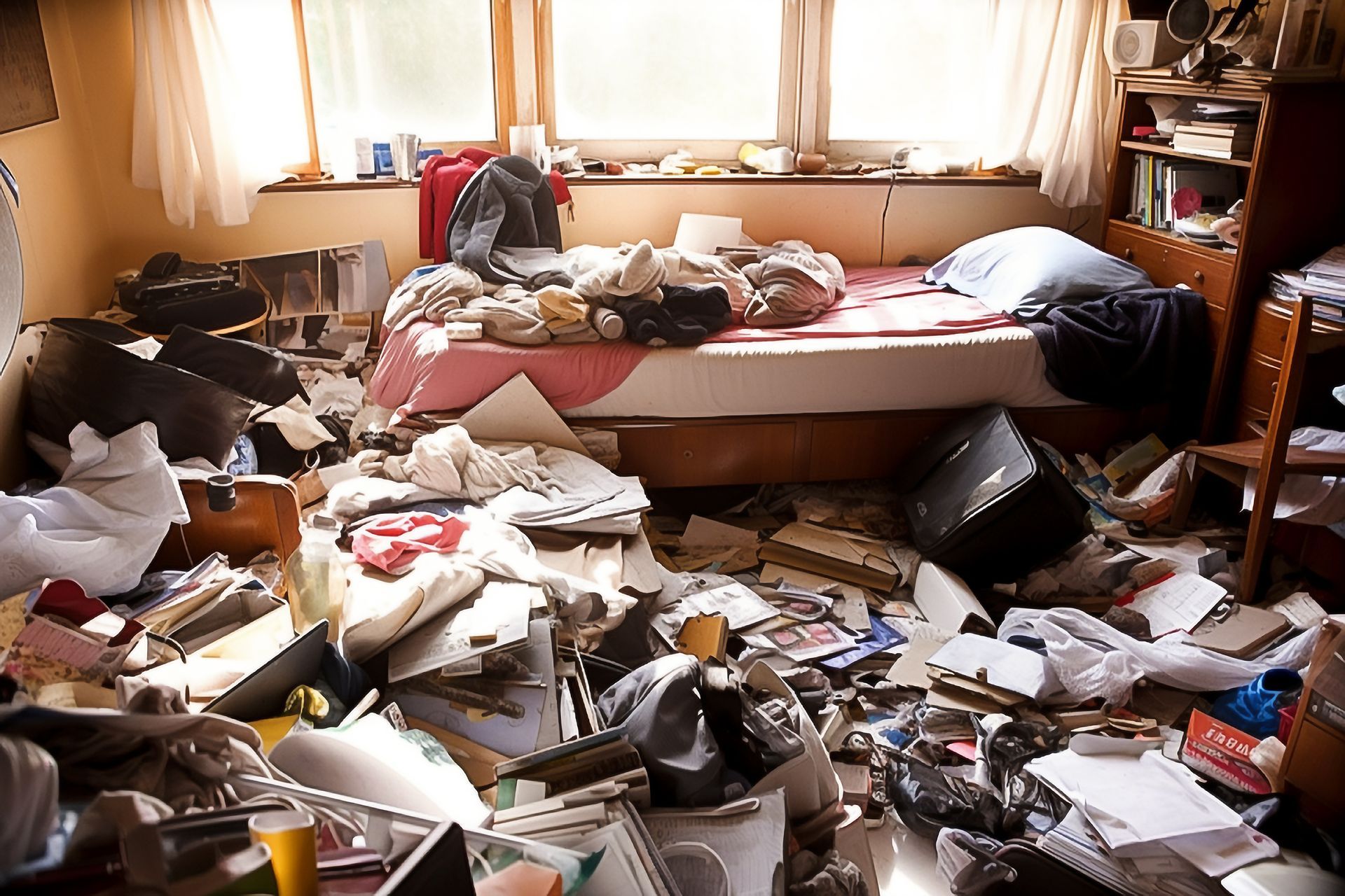 A bedroom with a bed covered in clutter and piles of papers, books, and miscellaneous items scattered across the floor.