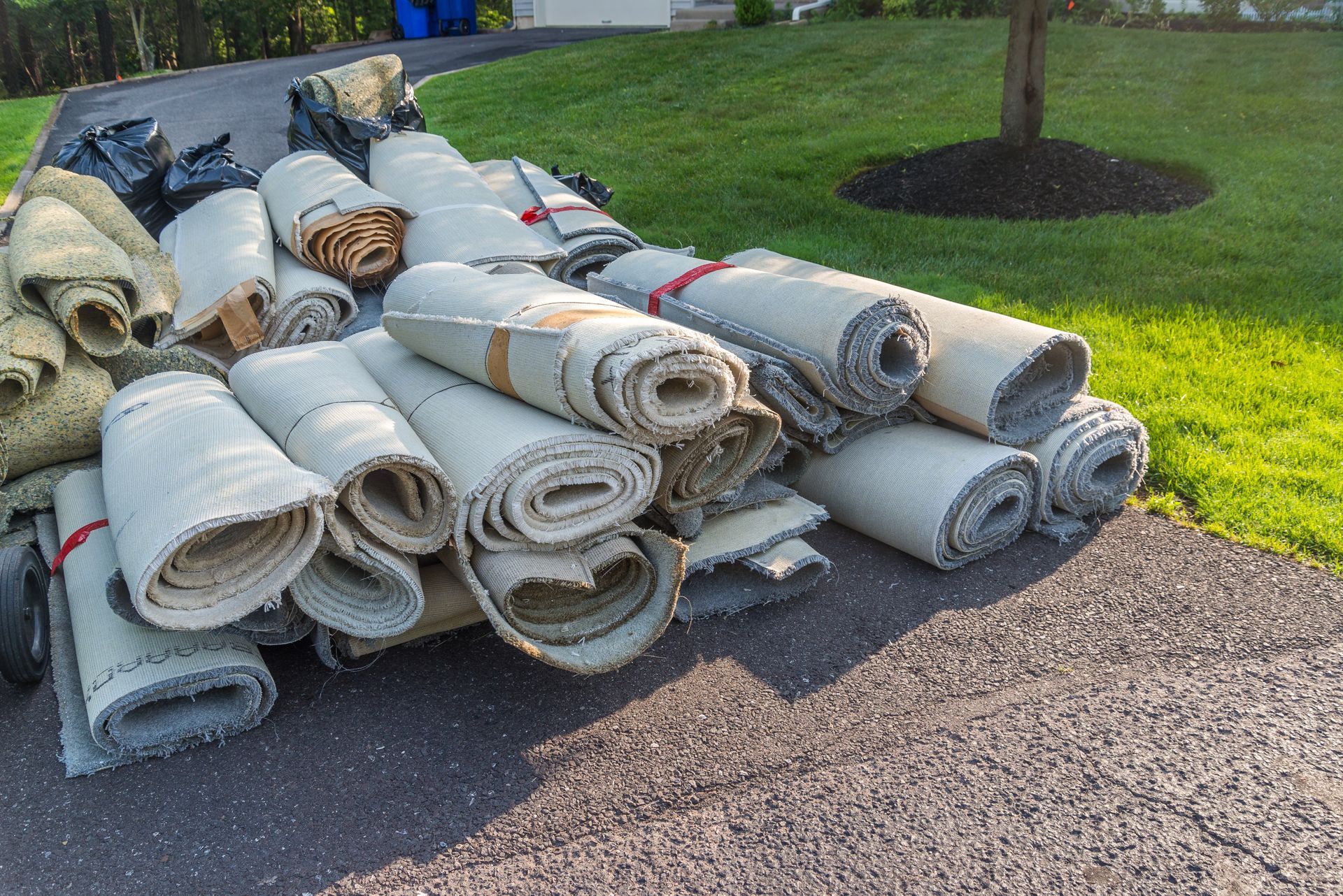Rolled-up carpet scraps piled on a driveway. Various colors: tan, green. Sunlight illuminates the grass and a small tree.