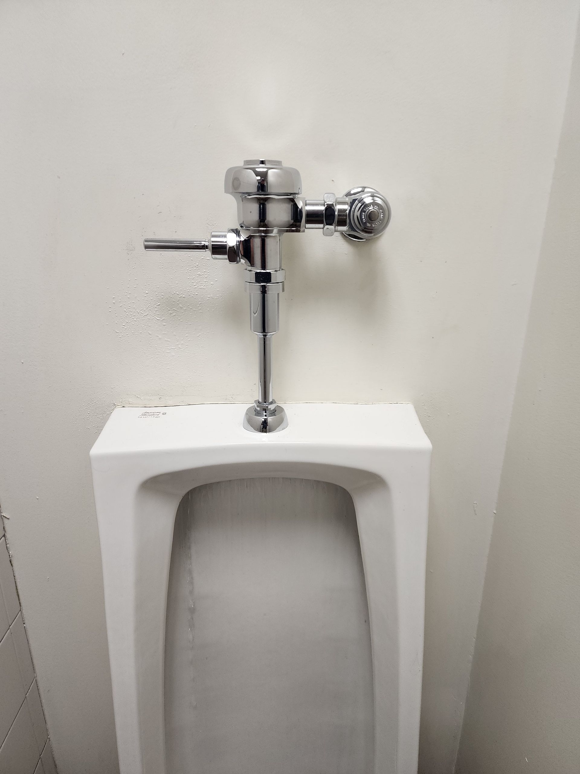 Urinal with chrome flush valve on a white wall.
