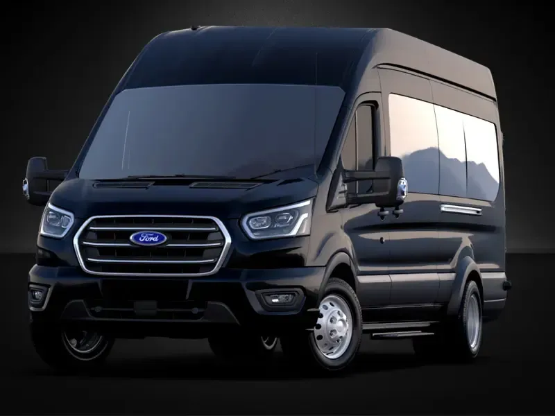 A black ford van is parked on a black background.