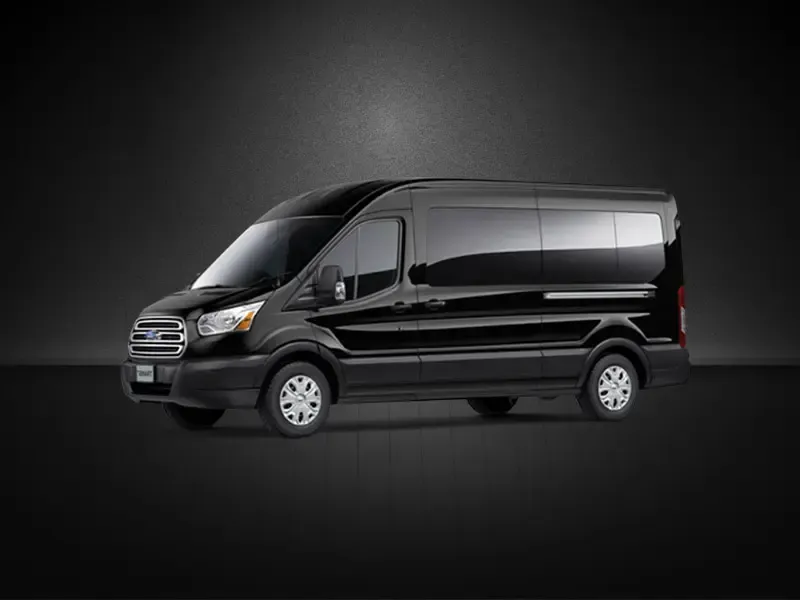 A black van is parked on a black background.