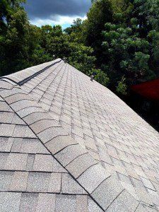 Closeup of gray asphalt roof shingles installed by Jones Roofing