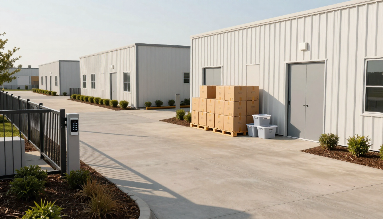 Industrial warehouse buildings with stacked boxes by a loading door on a paved lot Industrial warehouse buildings with stacked boxes by a loading door on a paved lot