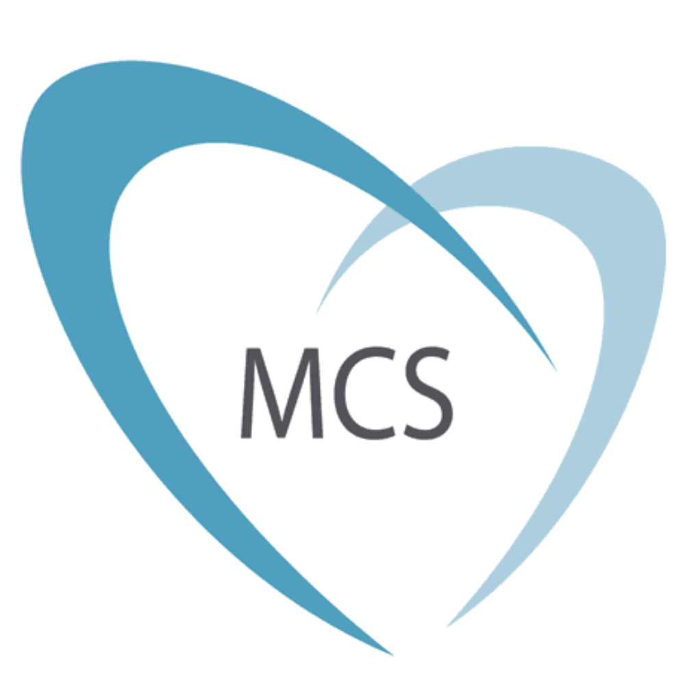 Blue heart-shaped logo with overlapping curved lines and 