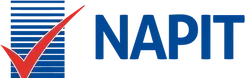 NAPIT logo: Blue text and striped background with red checkmark.