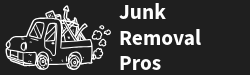 White outline of a truck filled with junk, the words 