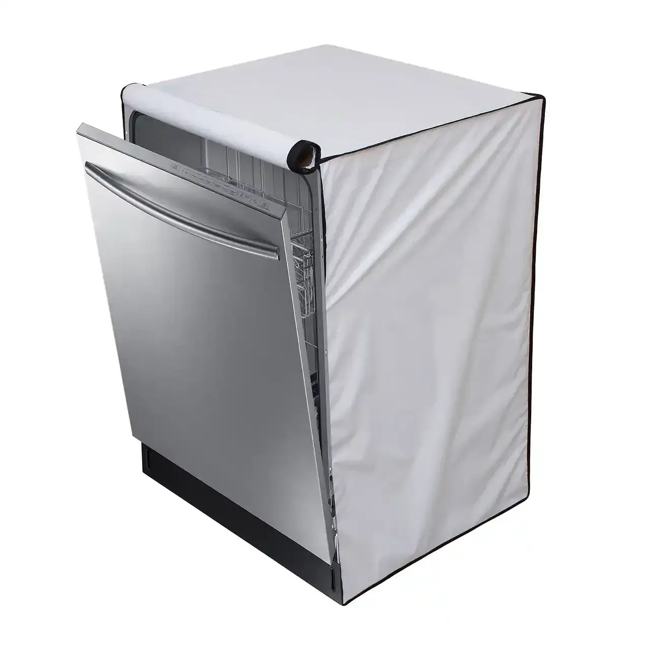 A white insulated cover wrapped around a stainless steel dishwasher, door open.