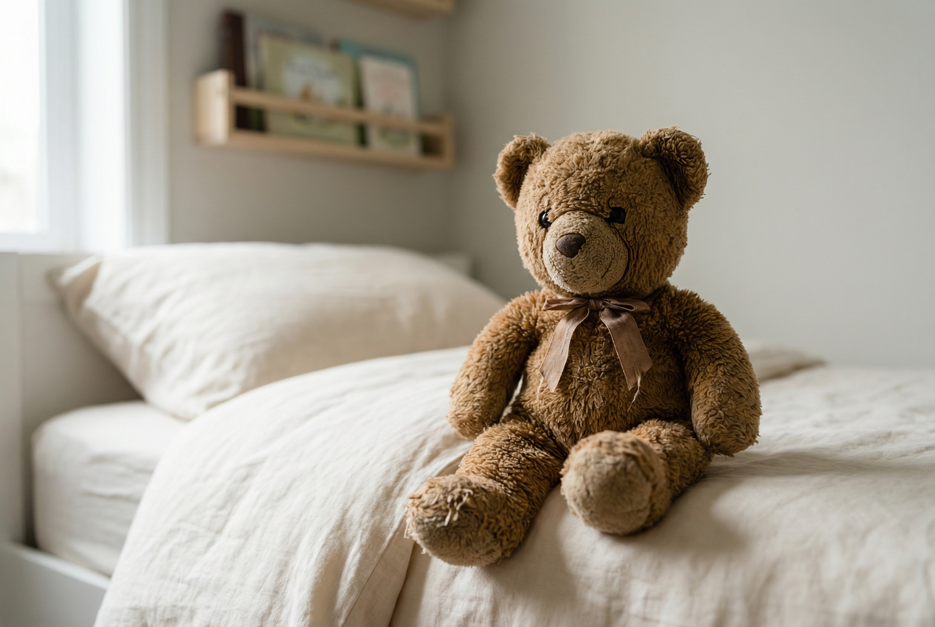 Brown teddy bear sitting on a beige bed with a pillow, small bookshelves in the background.
