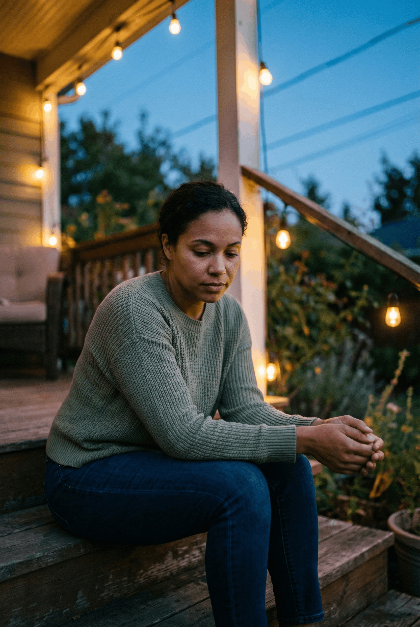 Woman resting chin on hand, looking thoughtful, indoors.