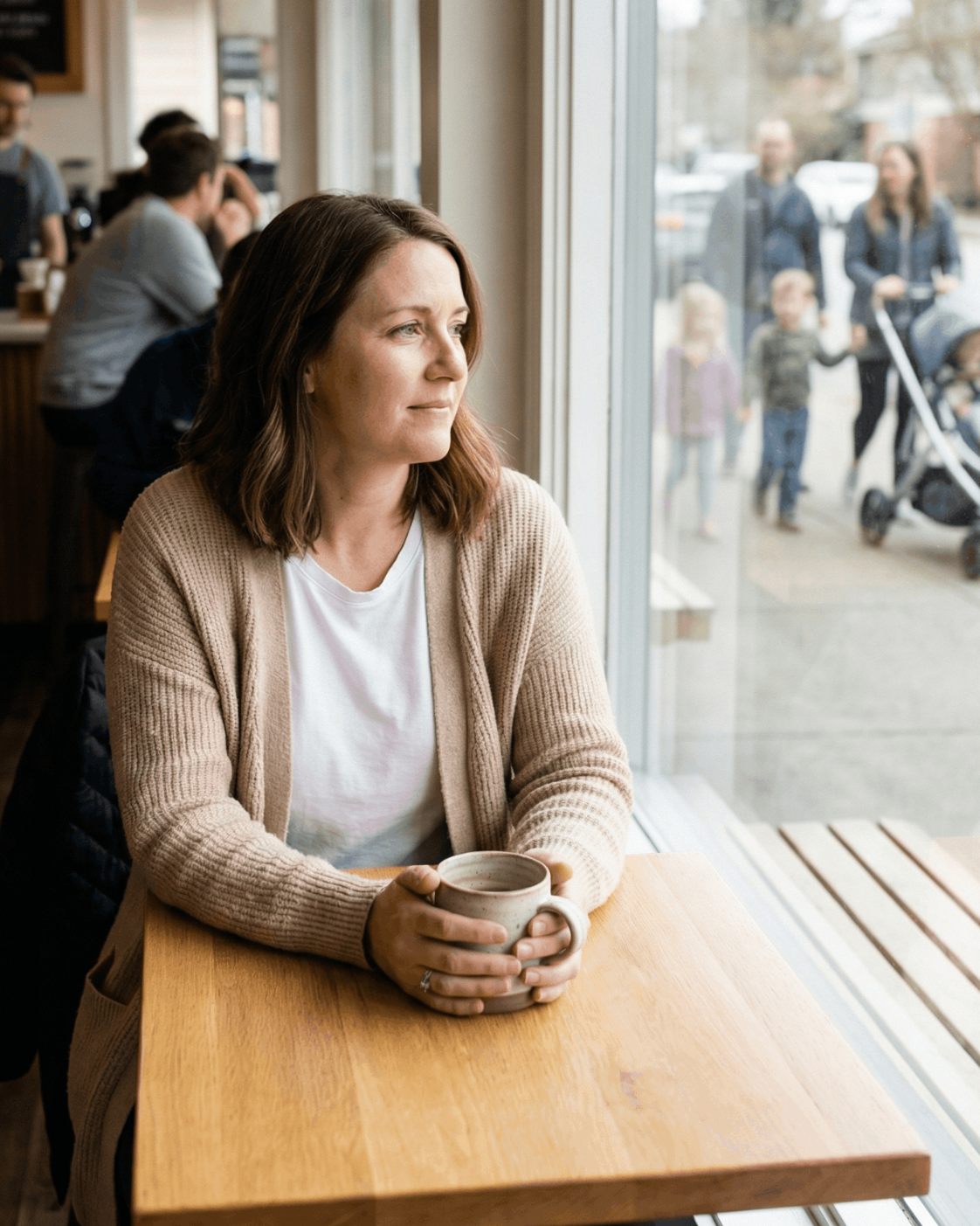 Woman in blue top sits on a gray couch, looking towards right; bright room.