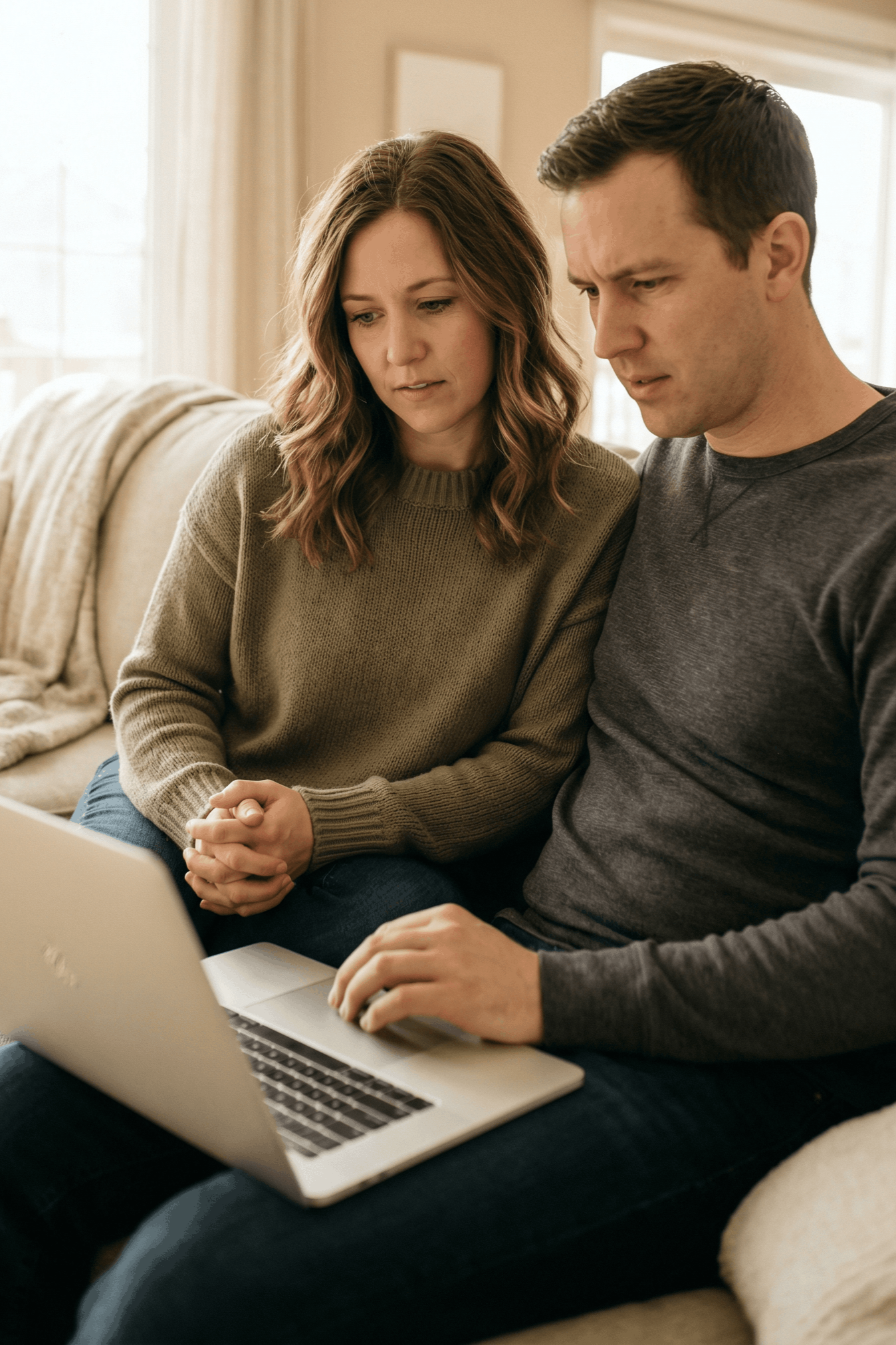 Man seated on a couch with hand on forehead, talking to a person, indoors.