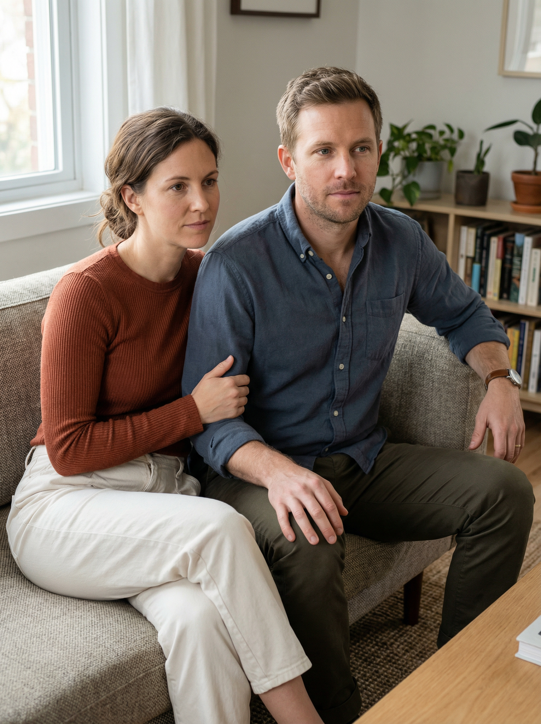Woman with hand on head looking down, sitting on couch in a light-filled room.