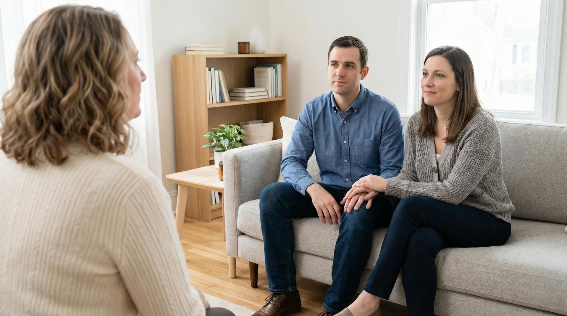 Couple and therapist in therapy session, sitting on sofas in a room with plants and neutral decor.