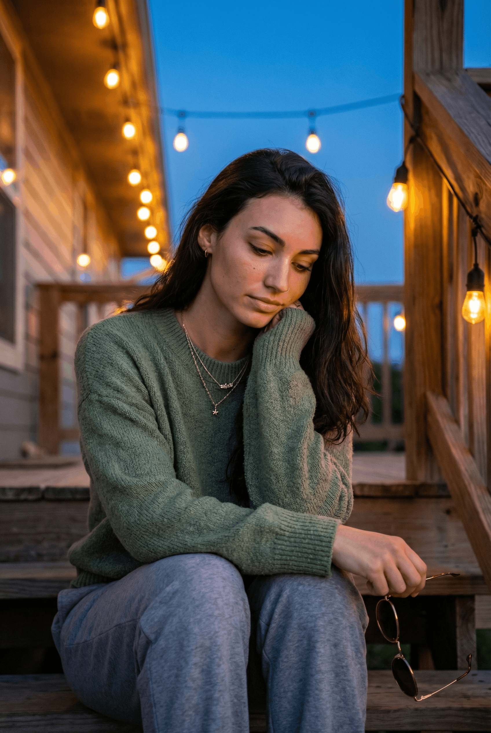 Woman resting chin on hand, looking thoughtful, indoors.