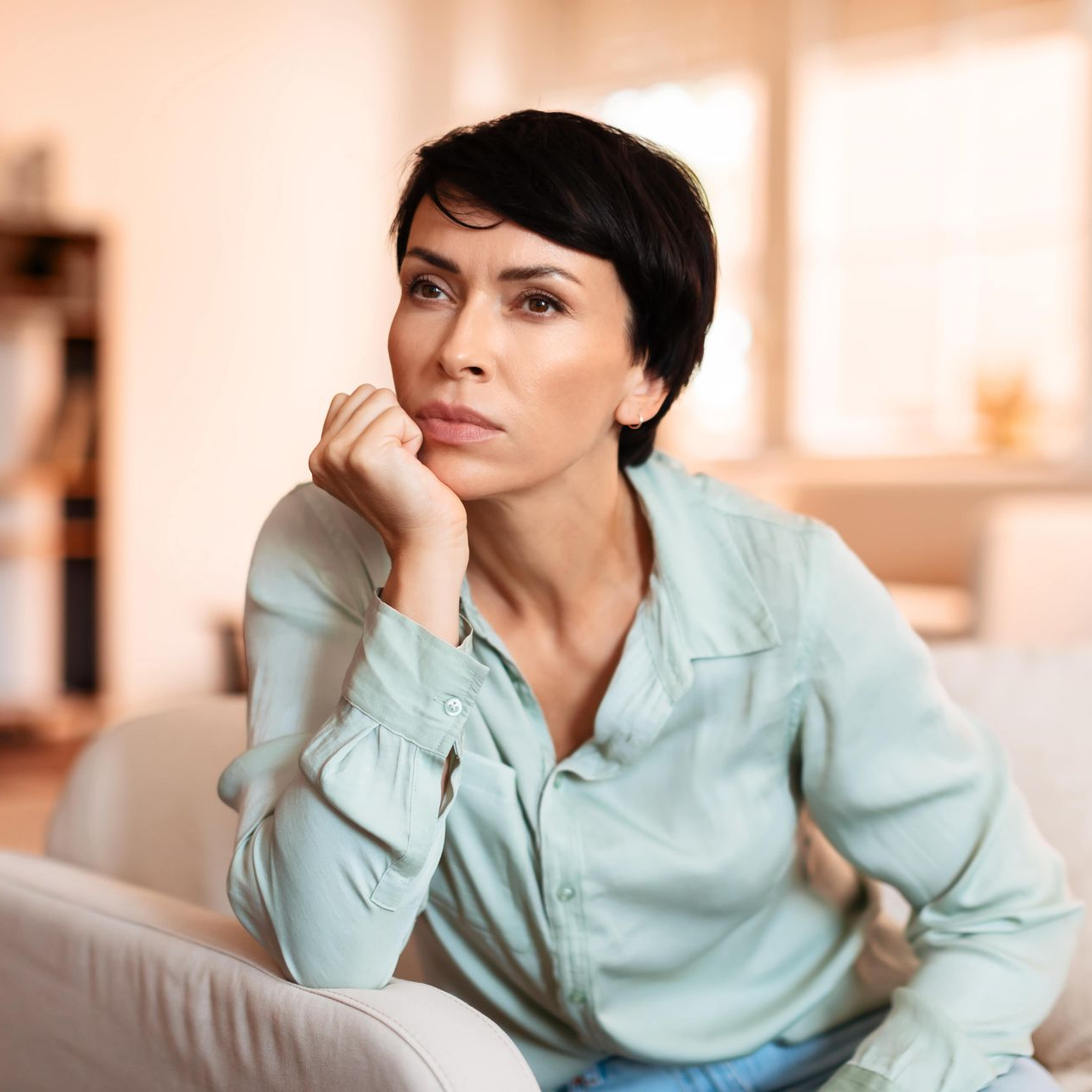 Woman sitting on a couch, looking pensive, hand on chin. Light green shirt, short dark hair, soft-lit interior.