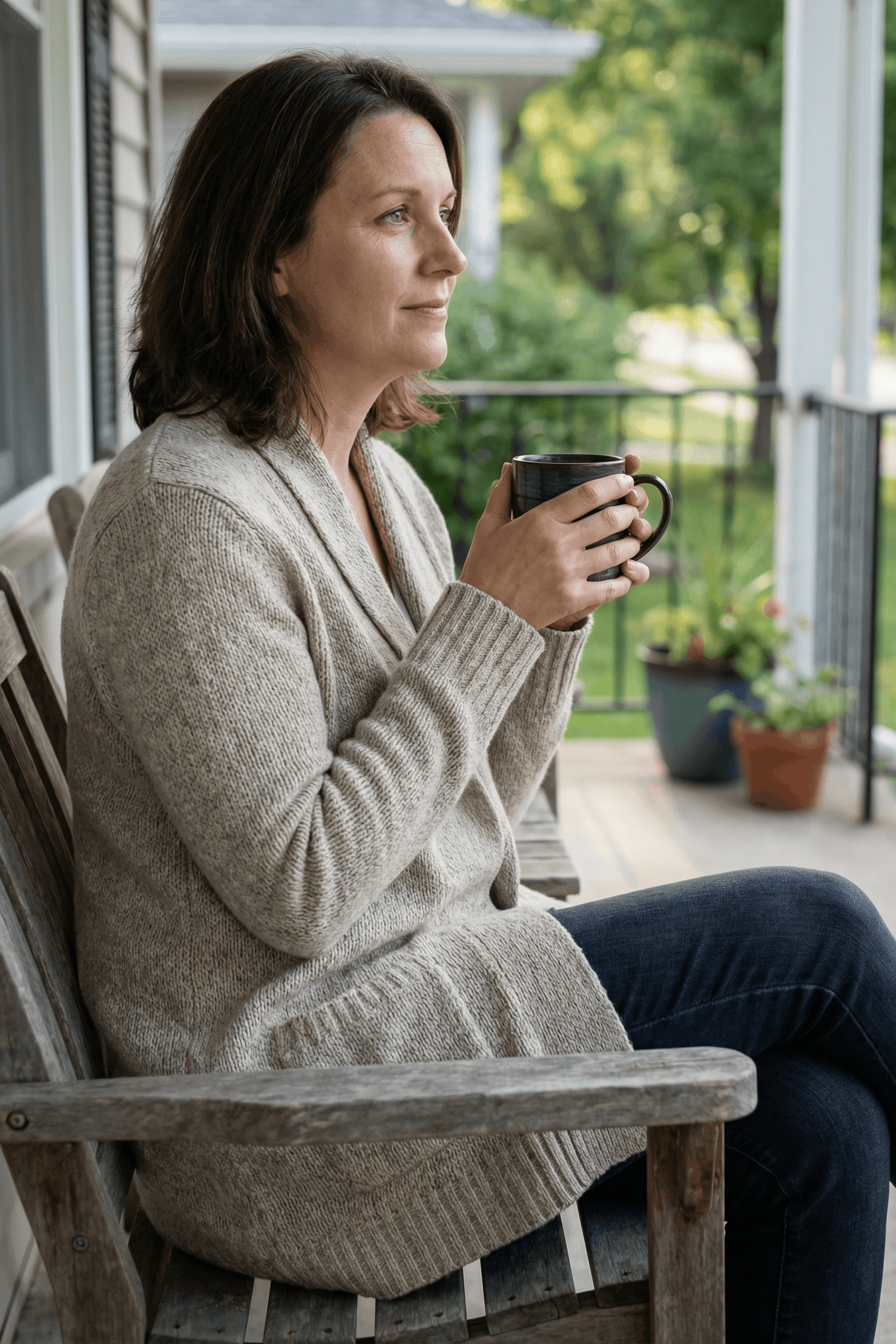 Woman with dark curly hair looks lovingly at a man in white shirt, outdoors.