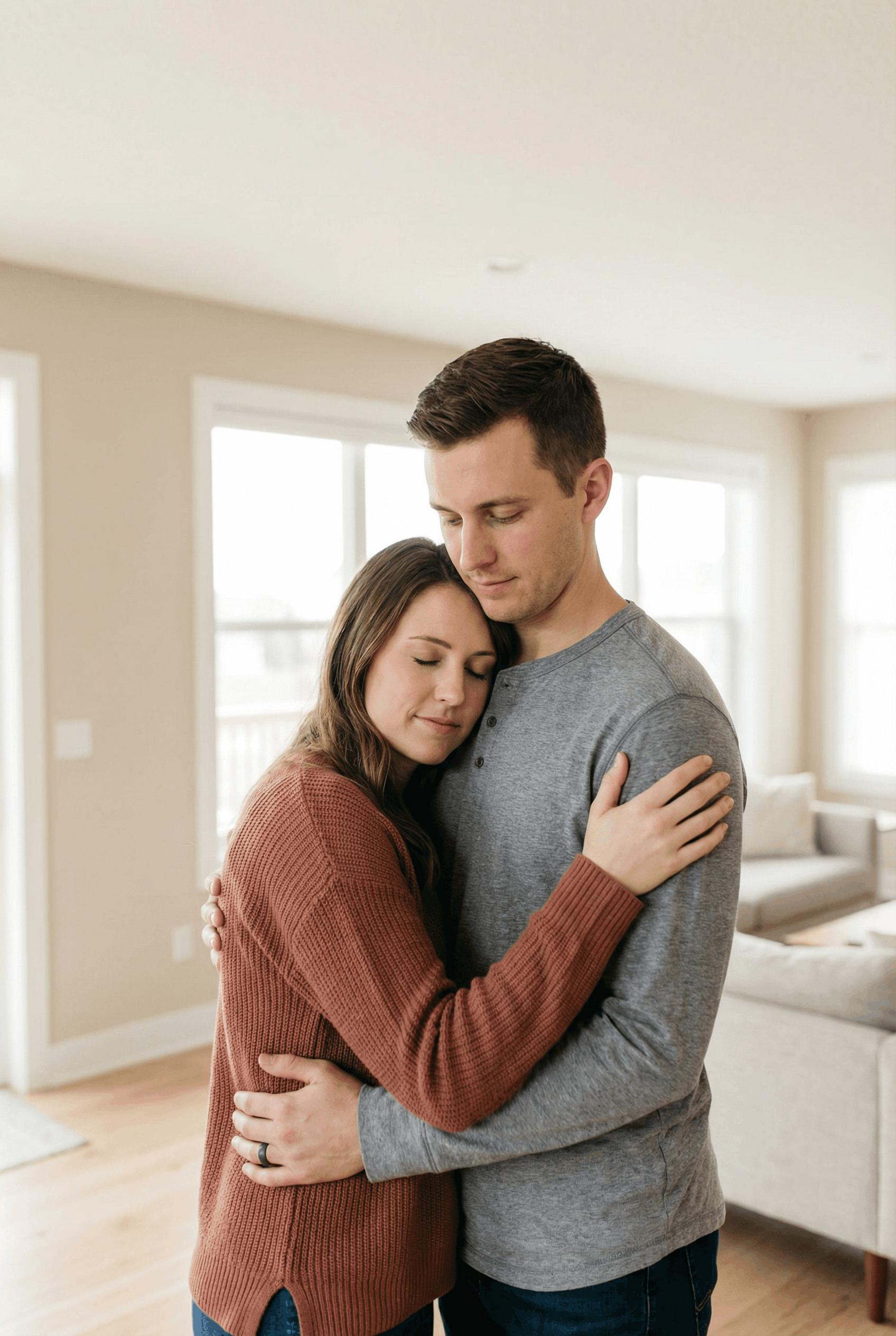 Woman hugs a person with their head on the woman’s shoulder. Both have somber expressions.