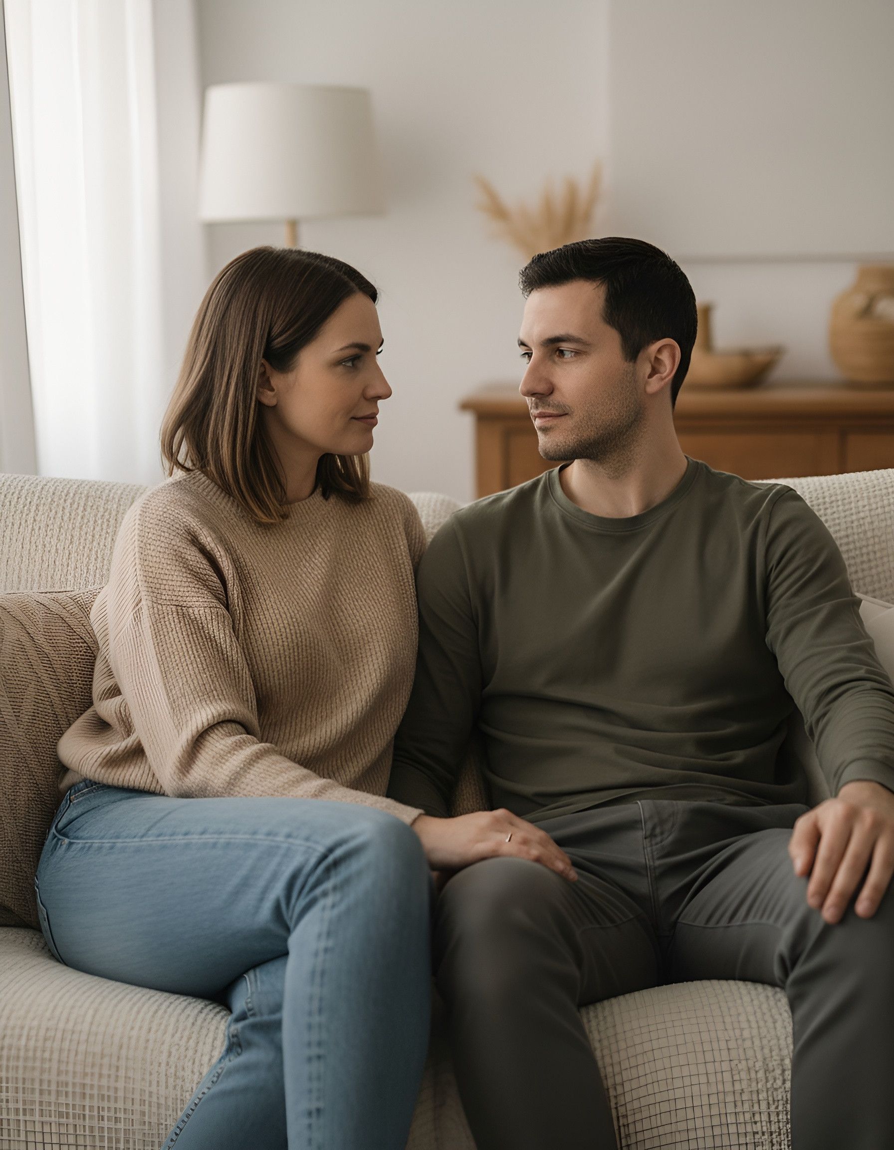 Couple seated on a beige couch, looking at each other. Man in green shirt, woman in tan sweater. Indoor setting.