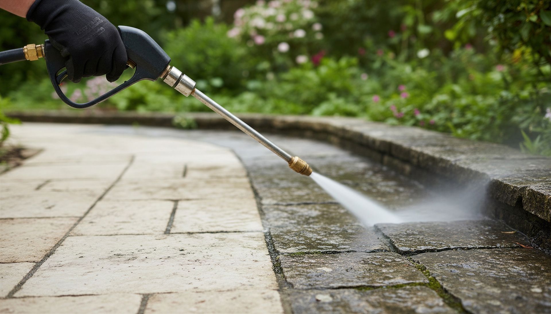 Person power washing a stone walkway with a pressure washer in a garden.