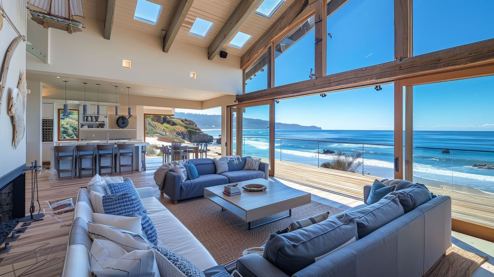 Living room with large windows overlooking a beach and ocean. Blue couches, light wood ceiling and flooring.