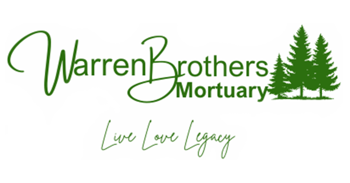 Warren Brothers Mortuary logo with green text and pine trees; tagline